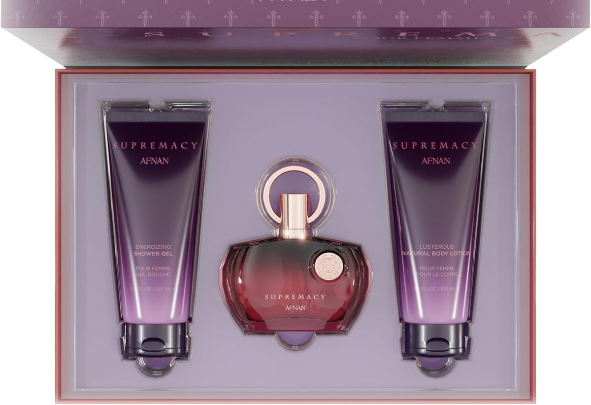 Fragancia Afnan Supremacy Purple Set de Regalo Unisex EDP+Body Lotion+Gel de Ducha, 100ml