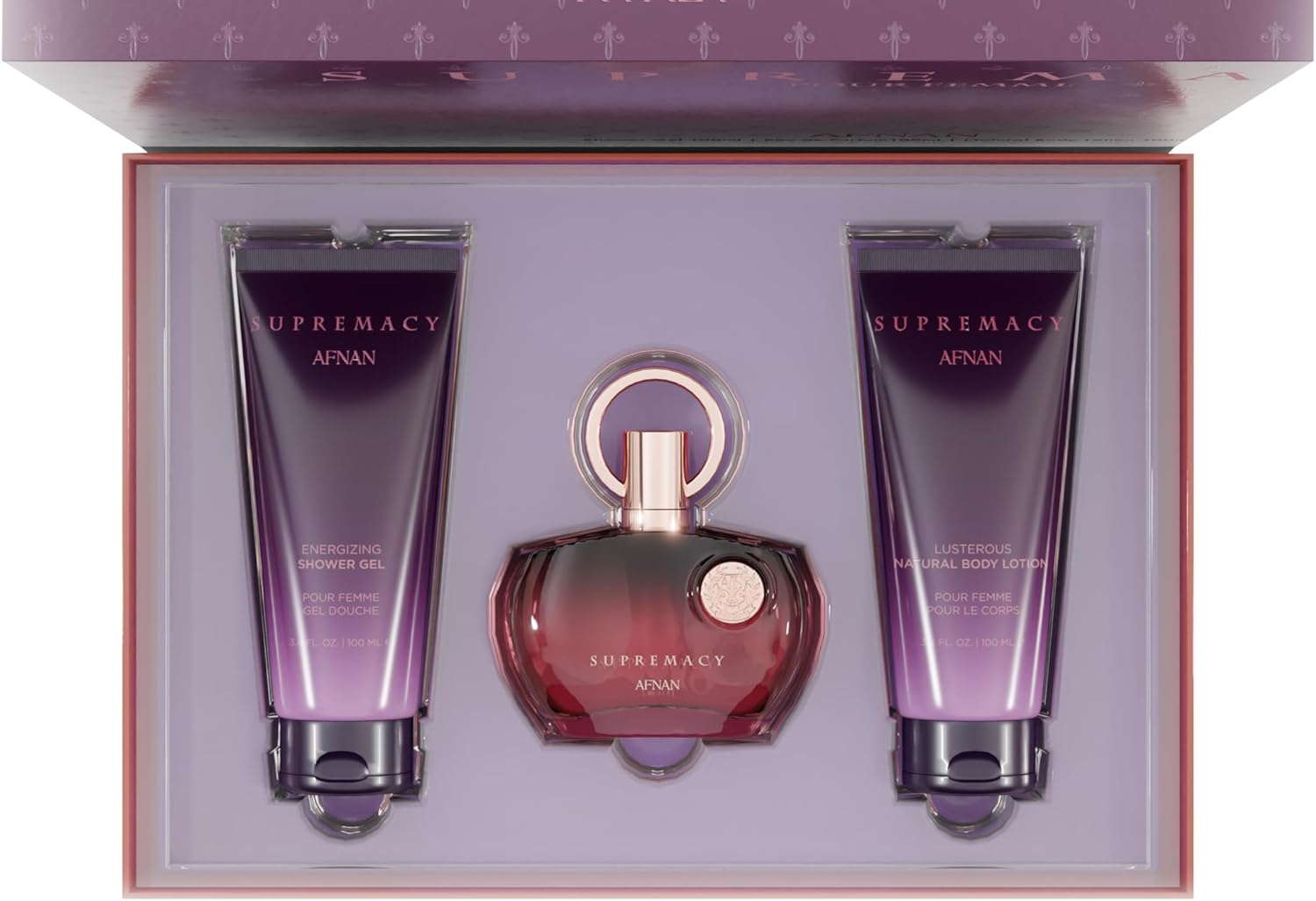 Fragancia Afnan Supremacy Purple Set de Regalo Unisex EDP+Body Lotion+Gel de Ducha, 100ml