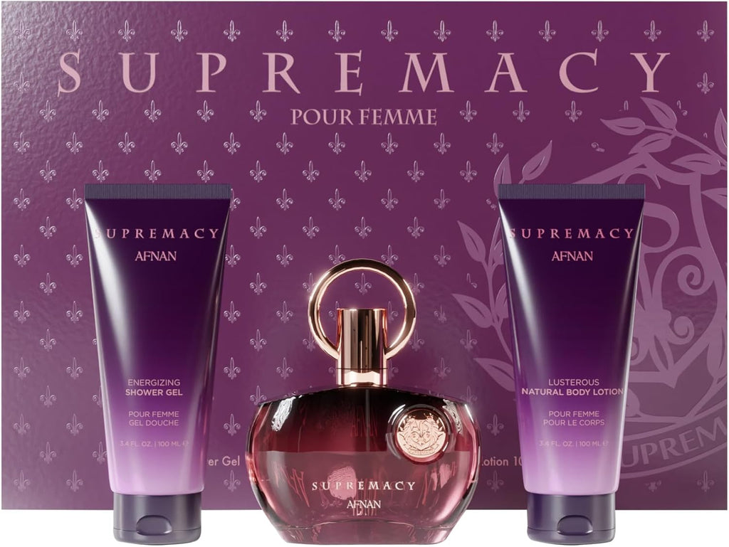 Fragancia Afnan Supremacy Purple Set de Regalo Unisex EDP+Body Lotion+Gel de Ducha, 100ml